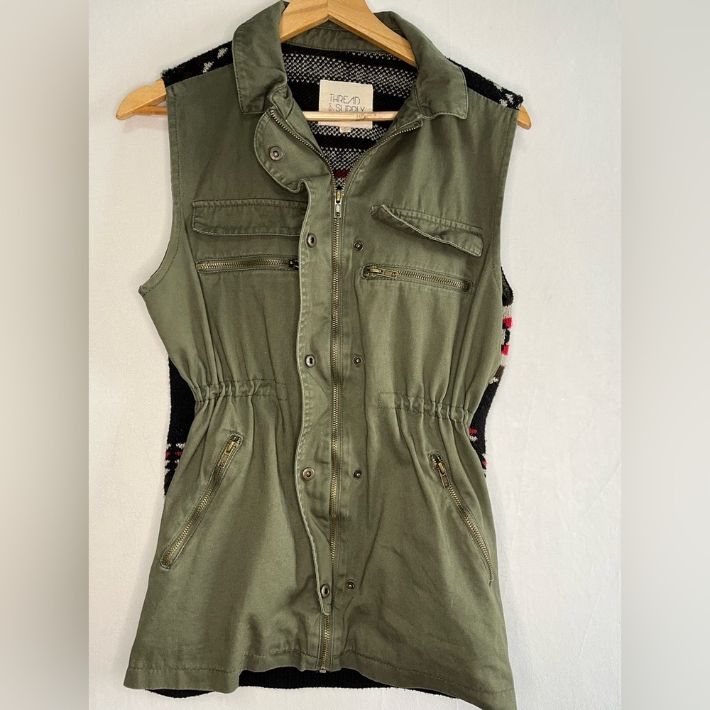 Thread & Supply Women’s Olive Utility Vest Aztec Sweater Back Boho Western Sz S - Picture 6 of 7